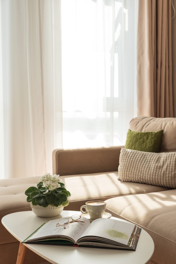 Intérieur lumineux et chaleureux du salon d'un appartement de la résidence Le Zéphir à Dagneux.