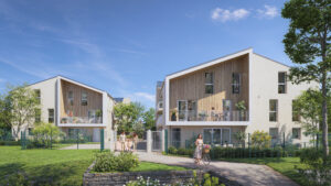 Aménagement intérieur 3D d'un salon lumineux dans un appartement T2 au T4 de la résidence Hameau de Montgay à Fontaines-sur-Saône, décoration tons beiges et bois.