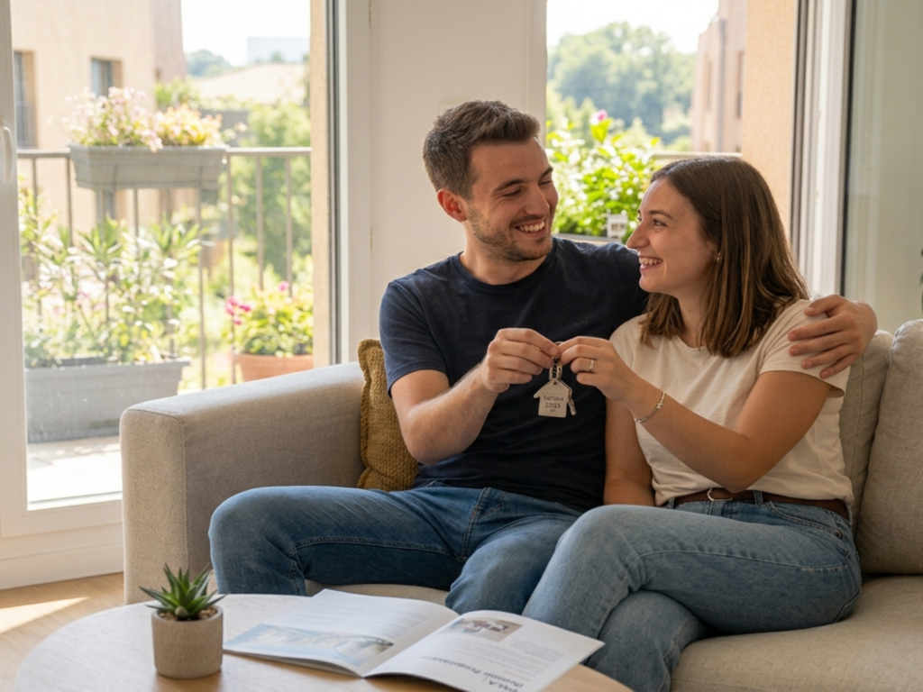 Jeune couple propriétaire dans le séjour lumineux d'un appartement neuf éligible PSLA à Ars-sur-Formans
