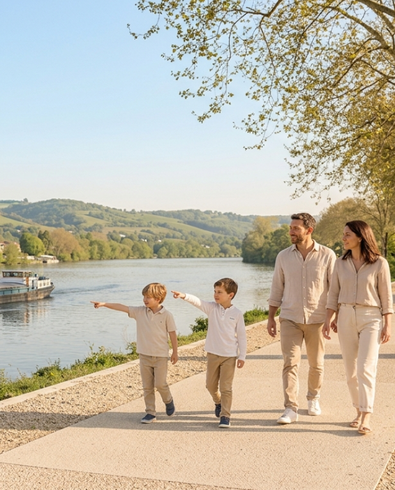 Famille en promenade le long des bords de Saône à Fontaines-sur-Saône, face aux Monts d'Or.