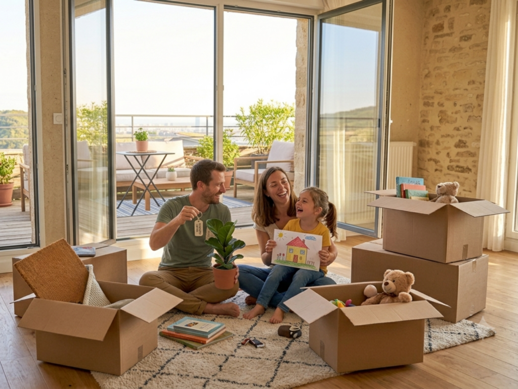 Un couple et leur enfant sourient parmi les cartons de déménagement dans le séjour lumineux de leur nouvel appartement en duplex au Hameau de Montgay, Fontaines-sur-Saône.