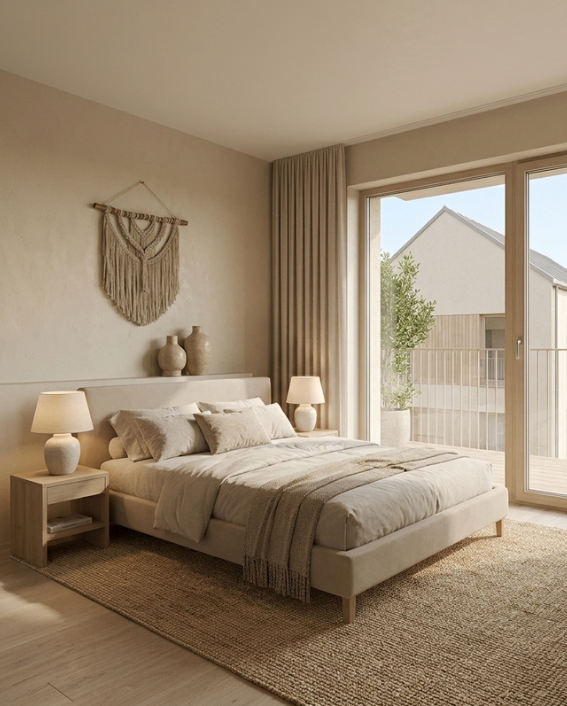 Perspective 3D d'une chambre moderne et apaisante aux tons beiges et bois clair avec grande fenêtre dans un appartement de la résidence Hameau de Montgay à Fontaines-sur-Saône.