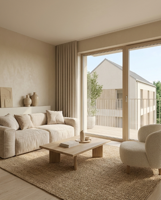 Aménagement intérieur 3D d'un salon lumineux avec canapé beige, fauteuil bouclette et baie vitrée donnant sur le balcon de la résidence Hameau de Montgay à Fontaines-sur-Saône.