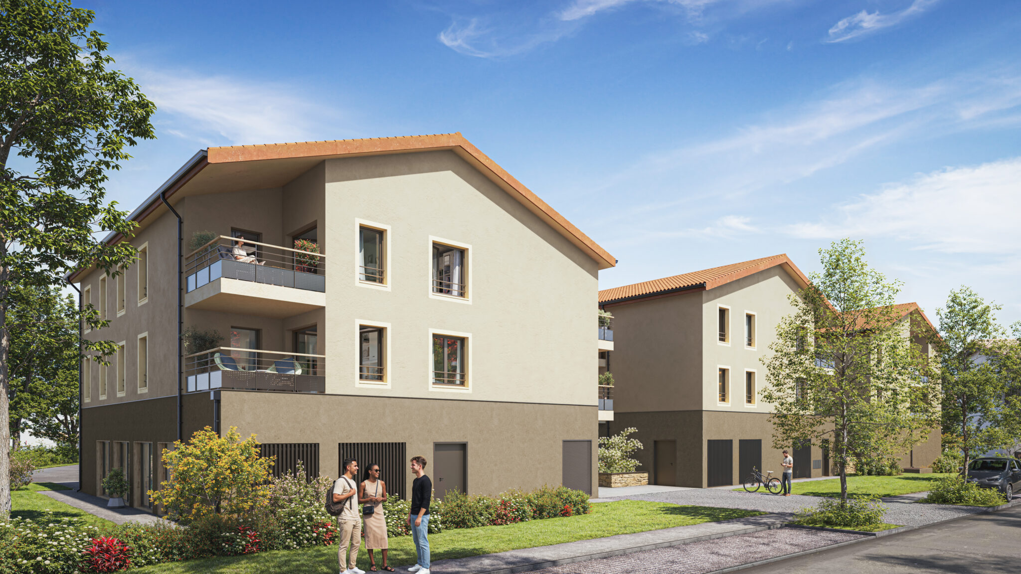 Perspective extérieure de la résidence Les Platanes à Ars-sur-Formans avec appartements neufs du 2 au 3 pièces