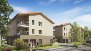 Perspective extérieure de la résidence Les Platanes à Ars-sur-Formans avec appartements neufs du 2 au 3 pièces
