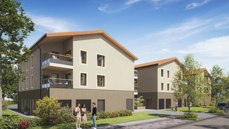 Perspective extérieure de la résidence Les Platanes à Ars-sur-Formans avec appartements neufs du 2 au 3 pièces