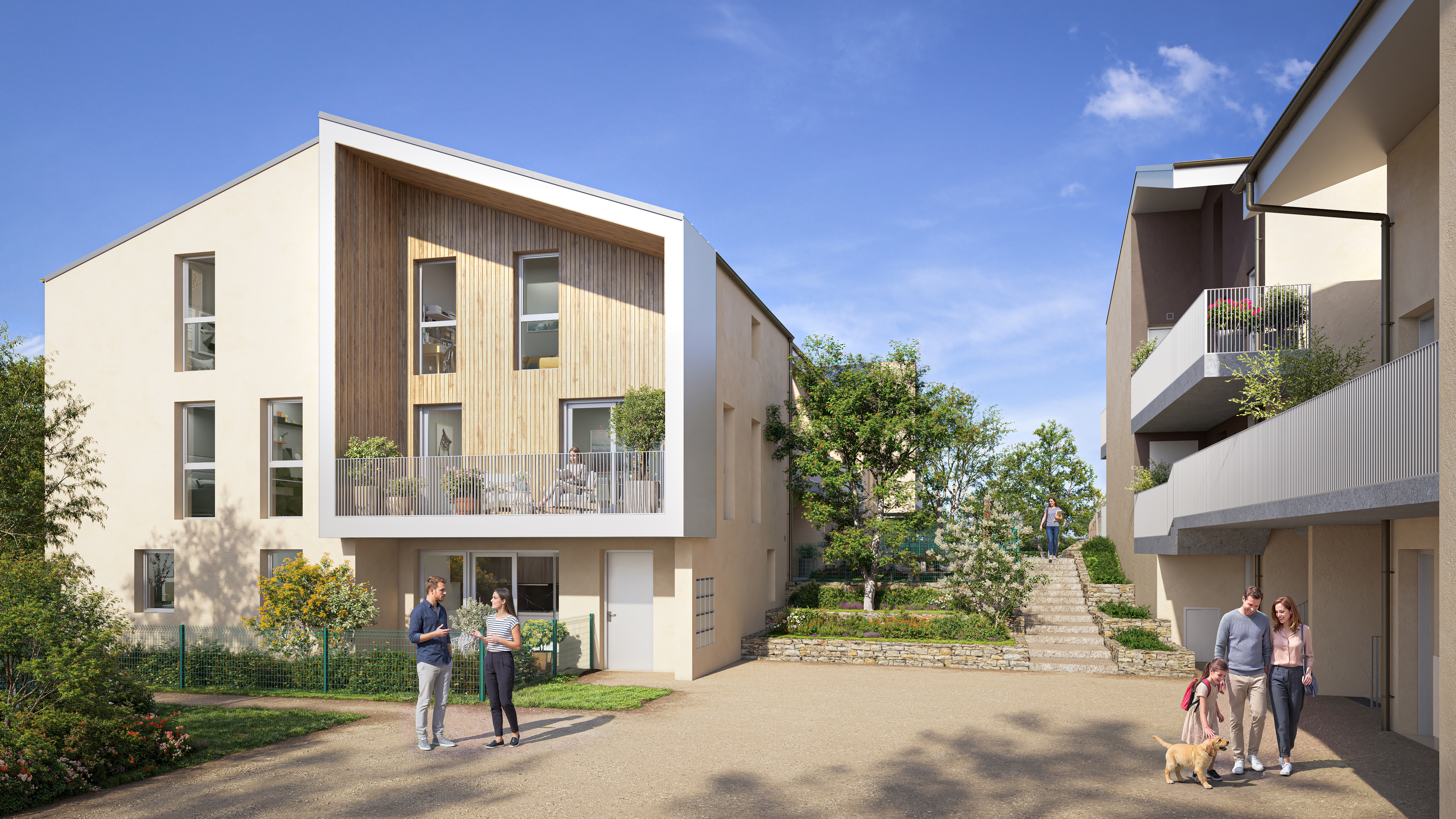 Perspective 3D extérieure de la résidence neuve à Fontaines-sur-Saône présentant la façade, les balcons avec terrasses, les garages privatifs et les espaces verts paysagers.