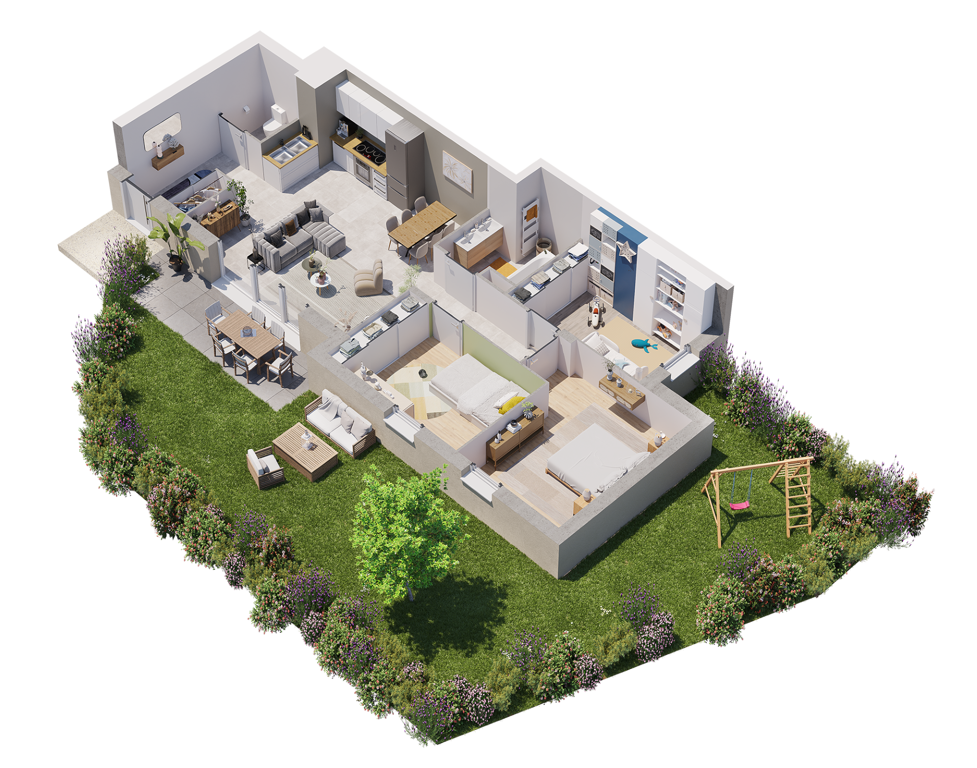 Plan 3D axonométrique de la résidence neuve à Fontaines-sur-Saône illustrant l'agencement des logements du 2 au 5 pièces, leurs espaces extérieurs privatifs, les garages et le parc paysager.