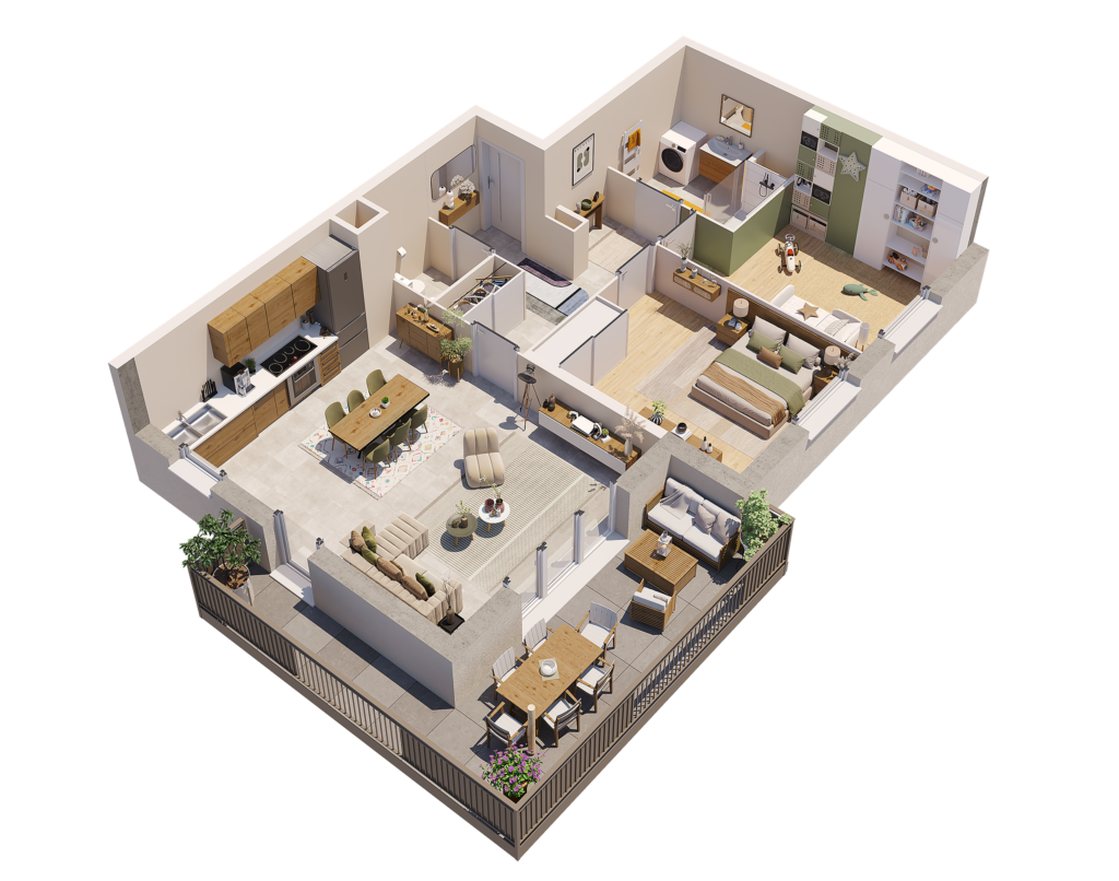 Plan d'architecte 3D d'un appartement type T3 à Cervens, résidence Le Clos de la Fontaine, avec balcon et stationnement.